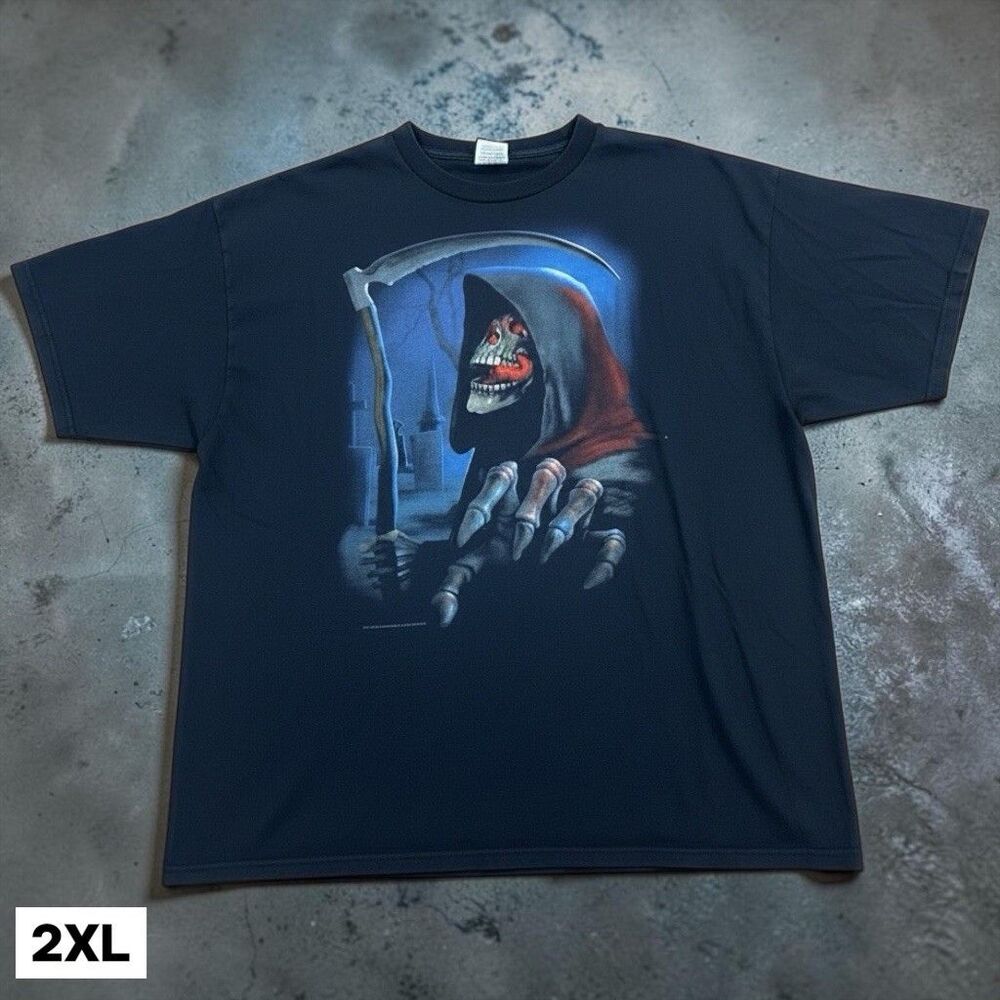 Vintage Y2K Grim Reaper T-Shirt Mens 2XL Grunge Skulls Black Graphic Print Tee